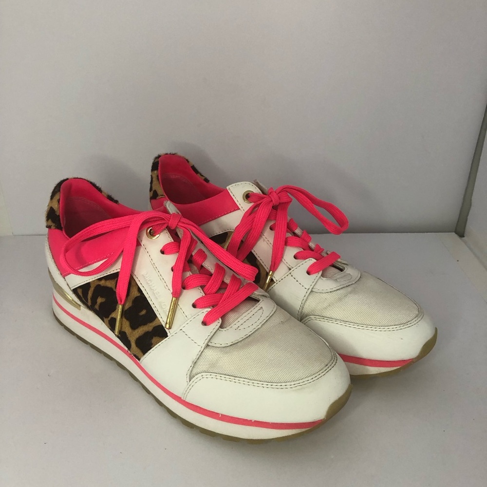 Michael Kors Billie Sneakers Trainer Lace Up Leopard Pink White Size 8.5 Calf